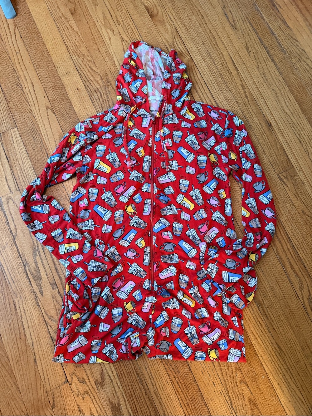MeUndies Coffee Print Pajama Onesie Hooded Zip One Piece Unisex S/M